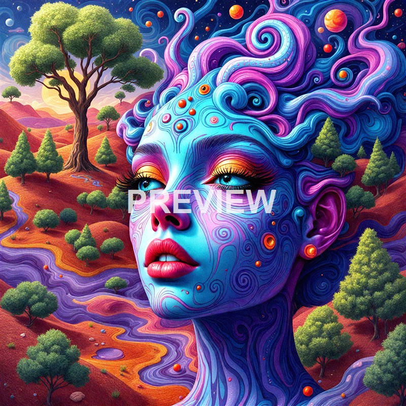 A surreal, colorful landscape featuring a woman's face integrated with swirling patterns, floating planets, and a vibrant, fantasy-like atmosphere.